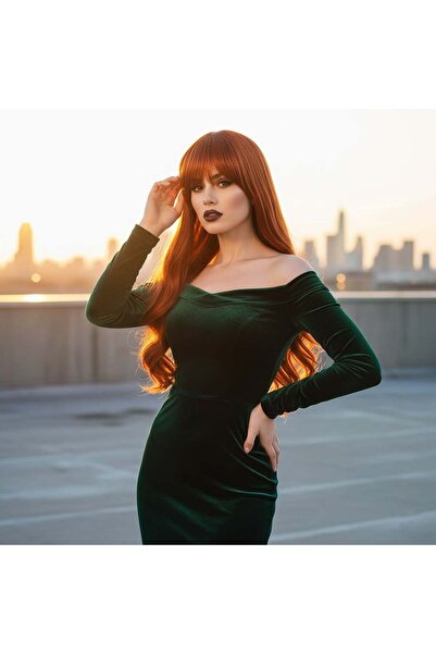 Seçkin Trend Perucă sintetică lungă și ondulată din fibre cu breton / cupru