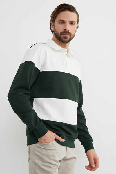 Fulla Moda Color Block Polo Neck Half Button Sweatshirt