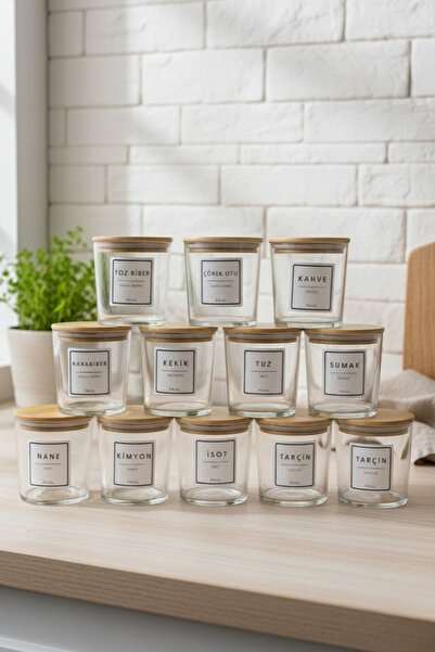 Fhilli Nova - 12-Piece Bamboo Vacuum Lid Glass Storage Container Spice Jar Set with Label Gift 350 ml