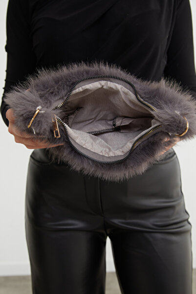 Fulla Moda Faux Fur Handbag with Chain Strap and Zipper Closure