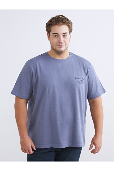 LC Waikiki Indigo Large Size B Printed Combed Cotton Men's T-Shirt