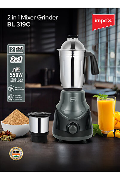 İMPEX BL319C 2in1 Mixer Grinder 550W Hybrid Motor SS Jars 1.4L/0.4L 3Spd Pulse Overload ABS