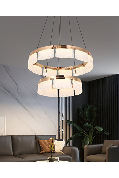 Apliqa Rosae 2 Katlı Gold Krisatal Yuvarlak Sarkıt Salon Led Avize