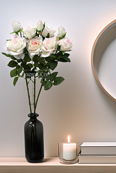 Yapay Çiçek Deposu Yapay Premium Islak 3lü Goncalı Gül Dalı 76 cm Ebruli