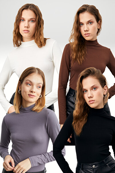 Bipantolon Women's Black White Gray Bitter Brown 4-Piece Half Turtleneck Basic Bodysuit