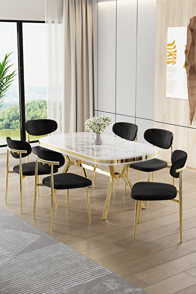 Canisa Olya Serisi 90x168 Lak Panel Beyaz Mermer Desen Masa Takımı Gold Ayakl...