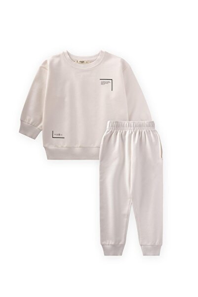Cigit Low Sleeve Printed Tracksuit Set 2-7 Years Old Ecru