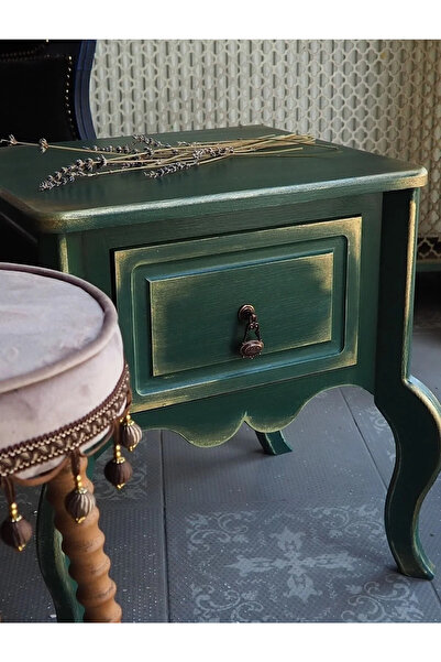 RENDORA MOBİLYA Yeşil Gold Eskitme Tek Çekmece Komodin