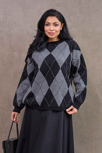 KÜÇÜĞÜM BUTİK Gray Patterned Black Knitwear Sweater