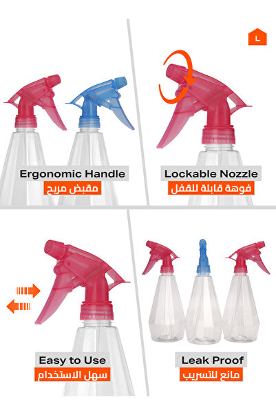Lawazim Transparent Spray Bottle Kit 3pcs 500ml - Adjustable Nozzle for Cleaning