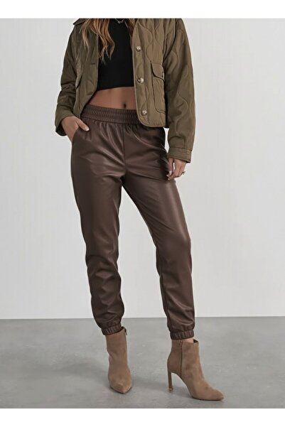 Kanonik Education Women's High Waist Elastic Front Buttoned Leather Pants