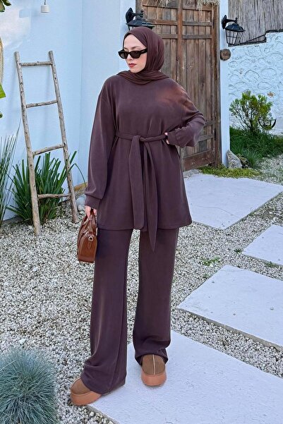 lamelif Διπλό Σετ με Λεπτομέρεια Δεσίματος Πικρό Καφέ