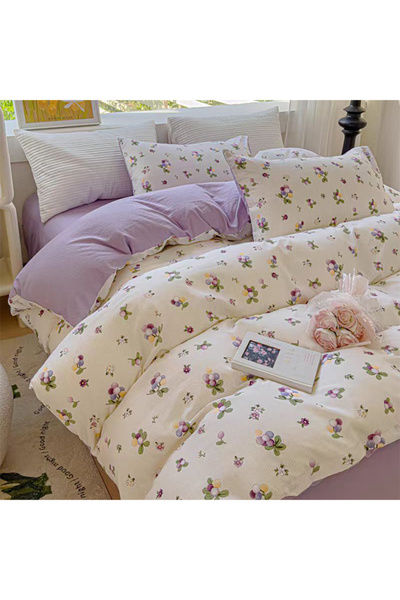 Shangxing 4-Piece Cotton Bedding Set 200×230cm – Purple Flowers, Includes Duvet Cover, Sheet & Pillowcases