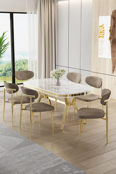 Canisa Olya Serisi 90x168 Lak Panel Beyaz Mermer Desen Masa Takımı Gold Ayakl...