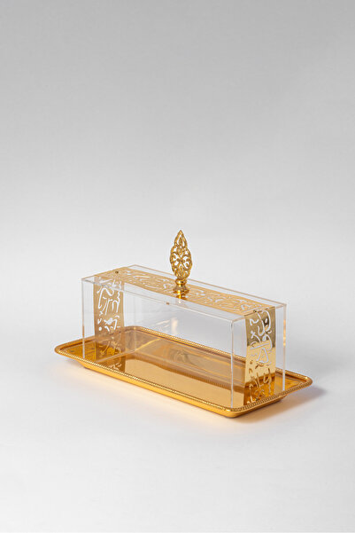 Bin Shihon Golden rectangular dessert plate with a clear acrylic lid
