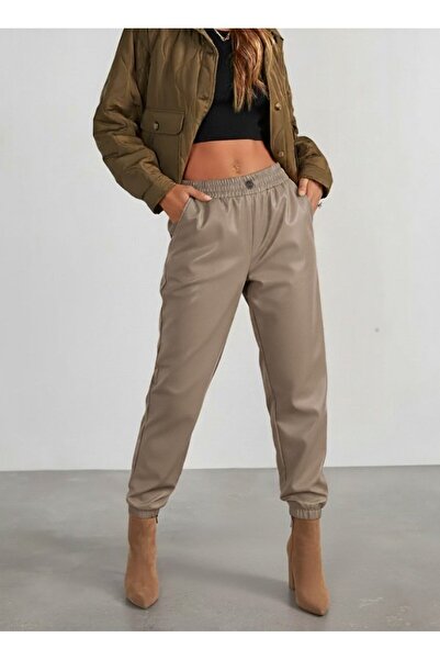 Kanonik Education Women's High Waist Elastic Front Buttoned Leather Pants