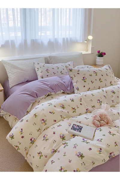Shangxing 4-Piece Cotton Bedding Set 200×230cm – Purple Flowers, Includes Duvet Cover, Sheet & Pillowcases