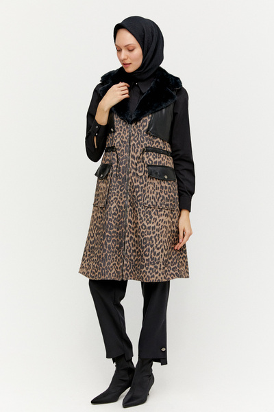 Setrms Leopar Desenli Suni Kürklü Yünlü Yelek