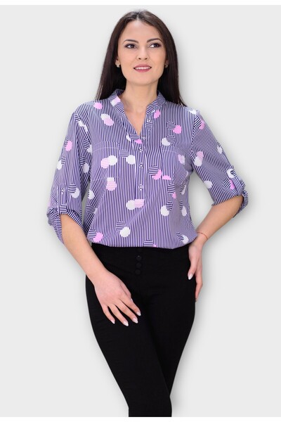 Elis Fashion Bluza Alba cu Dungi Bleumarin si Buline Colorate