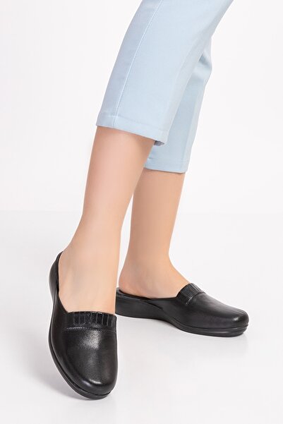 Gondol Women's Inside-Out Genuine Leather Stylish House Slippers Özl.960 Black Skin