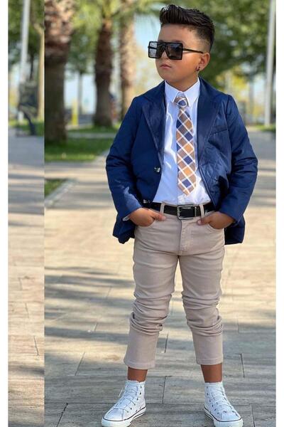 Riccotarz Boys' Classic Shirt with Tie Quilted Blue Coat Slim Pants Cut Pants Bottom Top Set