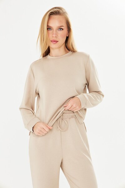 TRENDHİLL Women's Modal Fabric Comfortable Fit Tracksuit Set Beige 8509-B