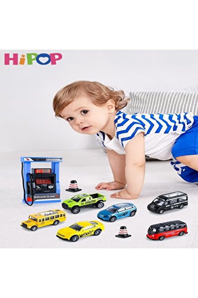HIPOP Alloy Pull Back Car Toys Set 6 Piece with Gas Station Toy,Play Vehicles with Sound and Light,Toys Ca