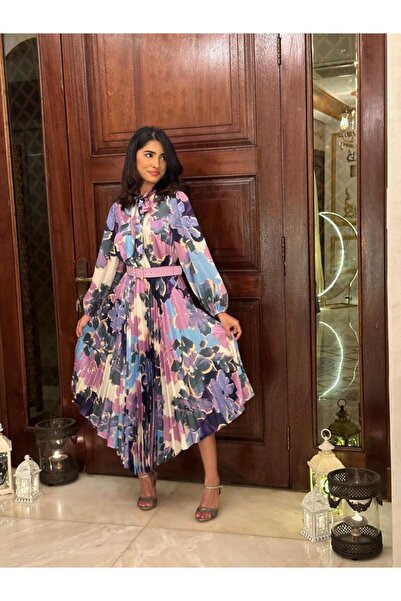 Setre Luxury Patterned Satin Long Dress - - Pink Shades (Made in Turkey)