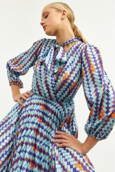 Setre Luxurious Short Flared Dress - Turquoise Gradient (Made in Turkey)