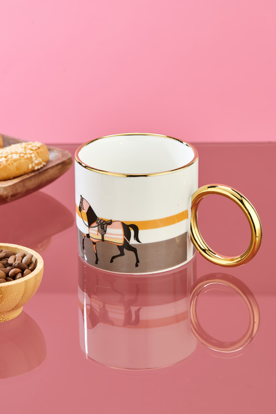 Cooker 200 ml Horse Patterned Porcelain Mug with Gold Handle (Kitchen, Office, Gift Mug)