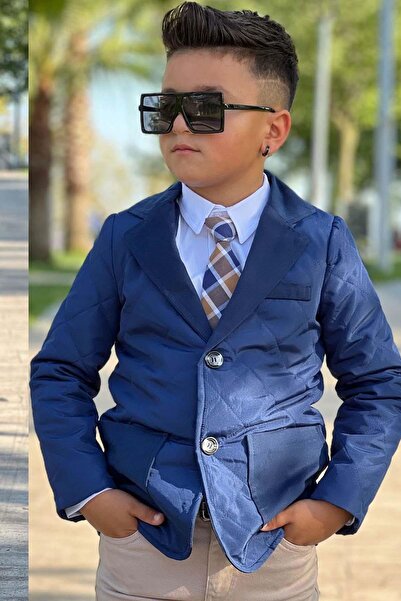 Riccotarz Boys' Classic Shirt with Tie Quilted Blue Coat Slim Pants Cut Pants Bottom Top Set