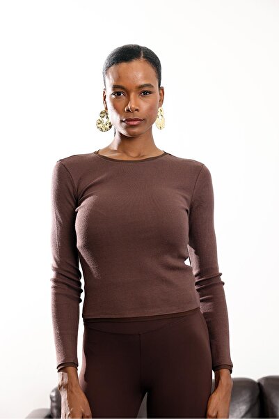 5in1Canpolat Bitter Brown Tulle Collar Blouse 17179