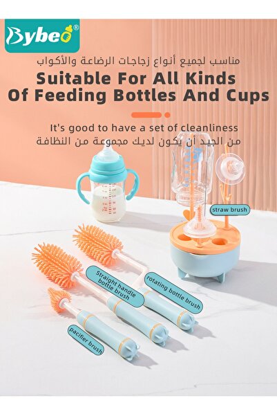BYBEO 4 in 1 Silicone Baby Bottle Cleaning Brush Set with Stand, 360° Rotating Water Bottles Cleaner, Cup