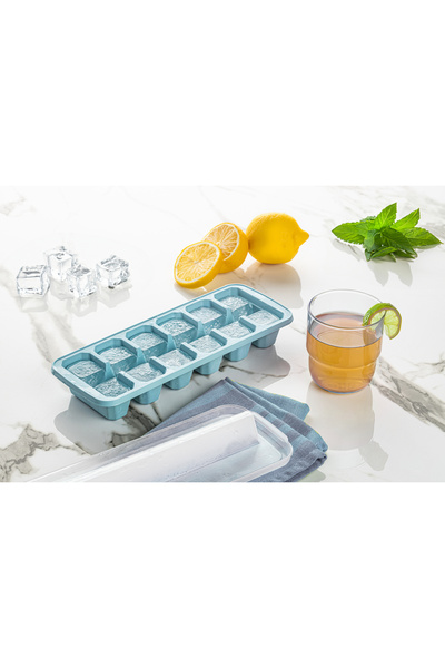 Pazar Kapısı Large Size Ice Tray with Lid 12-Cavity Ice Box Blue