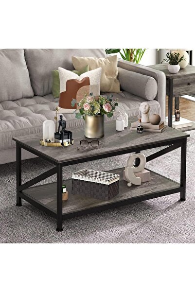 Gogoya Industrial Coffee Table with Double Shelves, Wooden Top & Black Metal Frame, 100×55 cm