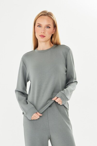 TRENDHİLL Women's Modal Fabric Comfortable Fit Tracksuit Set Khaki 8509-H