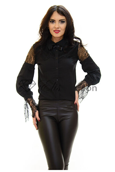 Elis Fashion Camasa de dama neagra cu insertii de dantela