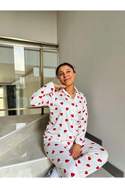 Marka Lovera Cotton Heart Patterned Front Buttoned Pajama Set