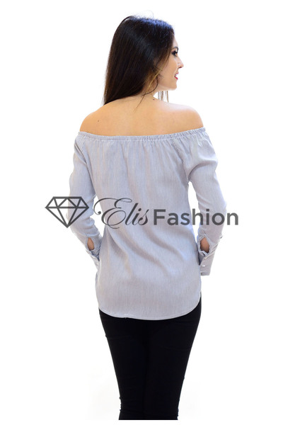 Elis Fashion Bluza de dama albastra pe umeri cu maneca lunga si broderie aplicata