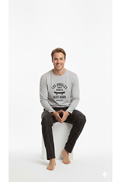 FAMES PİJAMA Men's Long Sleeve Combed Cotton Pajama Set Gray