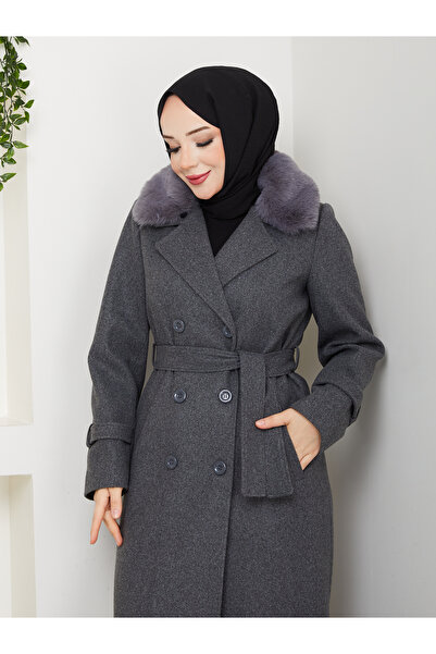 Moda İncir Double-Breasted Fur Coat with Collar