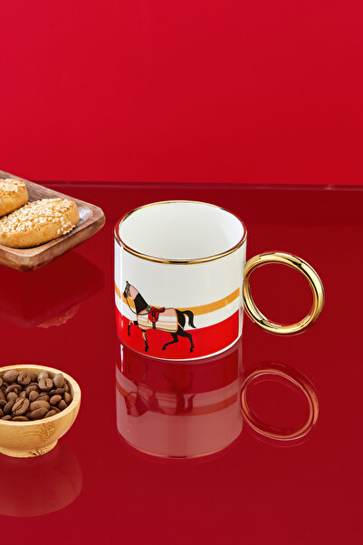 Cooker 200 ml Horse Patterned Porcelain Mug with Gold Handle (Kitchen, Office, Gift Mug)