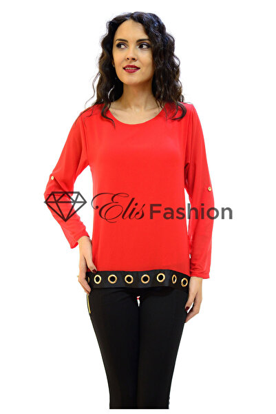 Elis Fashion Women's red blouse with eco-leather inserts and gold details