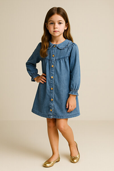 GÜLERBEBECİX Kız Çocuk Elbise Kot Uzun Kollu Düğmeli Elbise