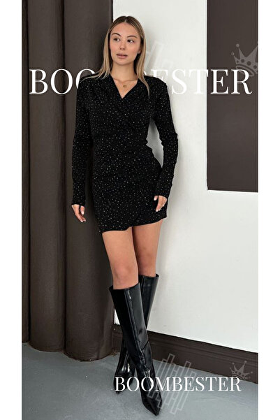 BoomBester Rochie mini cu mâneci lungi cu decolteu în V Sim Stones cu două rânduri de nasturi pentru femei – Rochie de seară de petrecere neagră strălucitoare