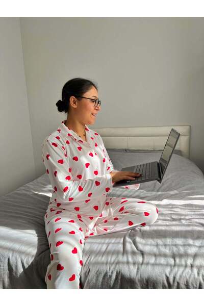 Marka Lovera Cotton Heart Patterned Front Buttoned Pajama Set