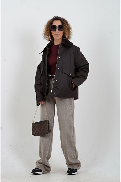 Zelish My Sister Σκούρο καφέ βελούδινο γιακά με καρό καπιτονέ μπουφάν