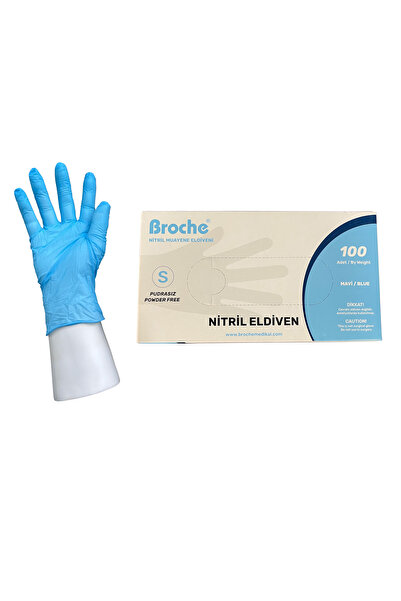 Broche TEK KULLANIMLIK PUDRASIZ NİTRİL ELDİVEN S BEDEN MAVİ 100'LÜ