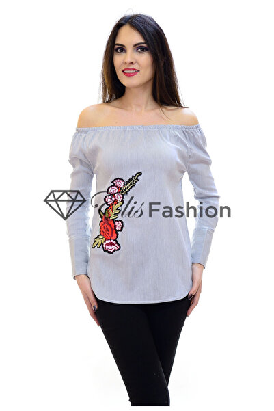 Elis Fashion Bluza de dama albastra pe umeri cu maneca lunga si broderie aplicata