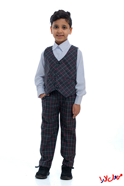 maryool lara Boys' kindergarten suit, gray and pink checkered, three pieces